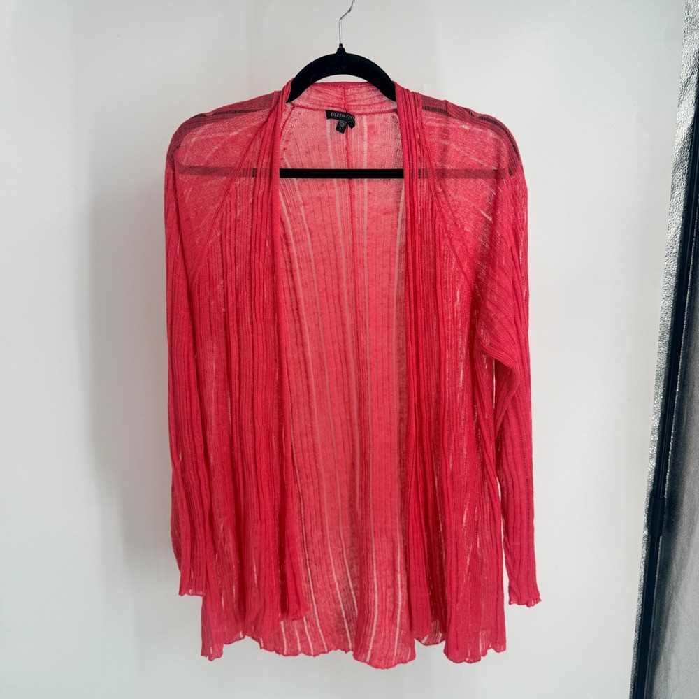 Eileen Fisher Pink Linen Silk Ribbed Knit Cardigan L Salmon Lightweight Flowy